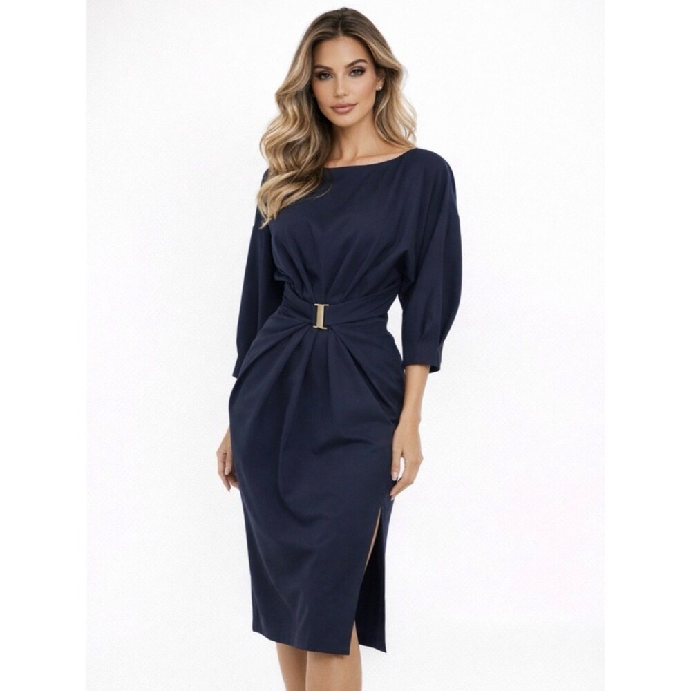 BGL Belong Genteel Navy Wrap Dress Boatneck Midi Knee Length Belted Work Dress S